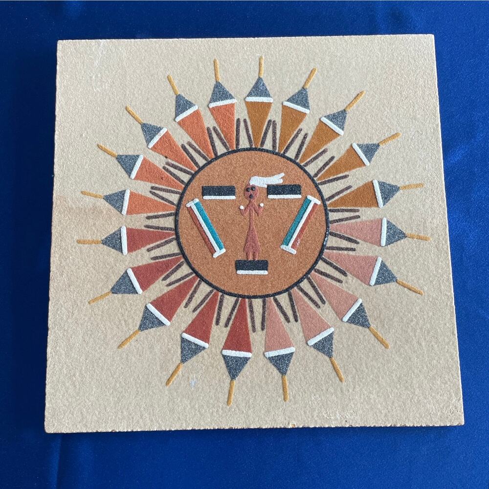 Vintage Navajo Signed Sand Painting Sun Eagle